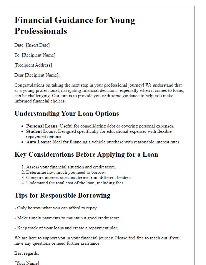 Letter template of financial guidance for young professionals seeking loans