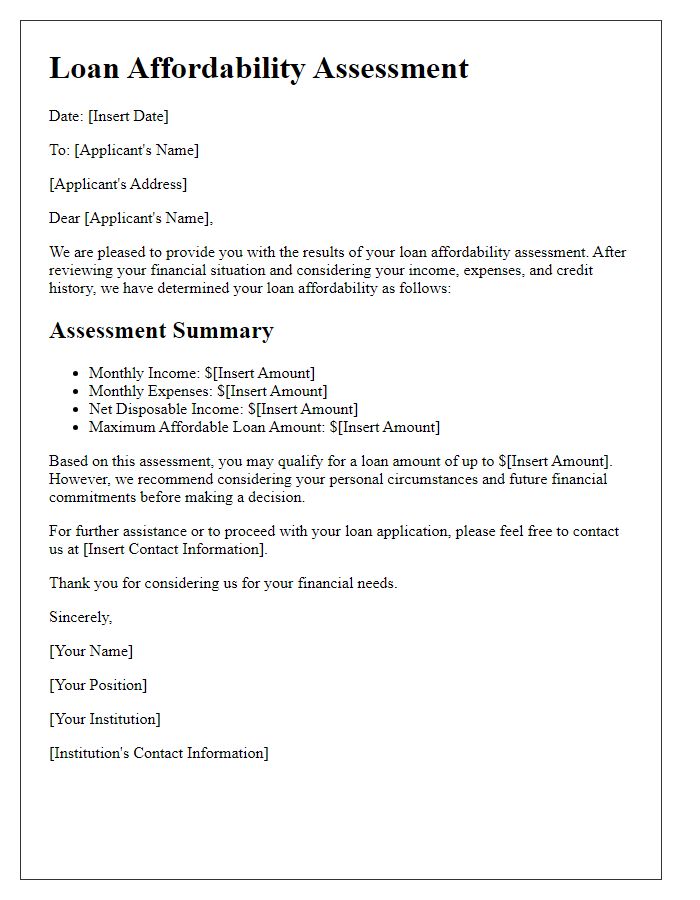 Letter template of loan affordability assessment for young citizens