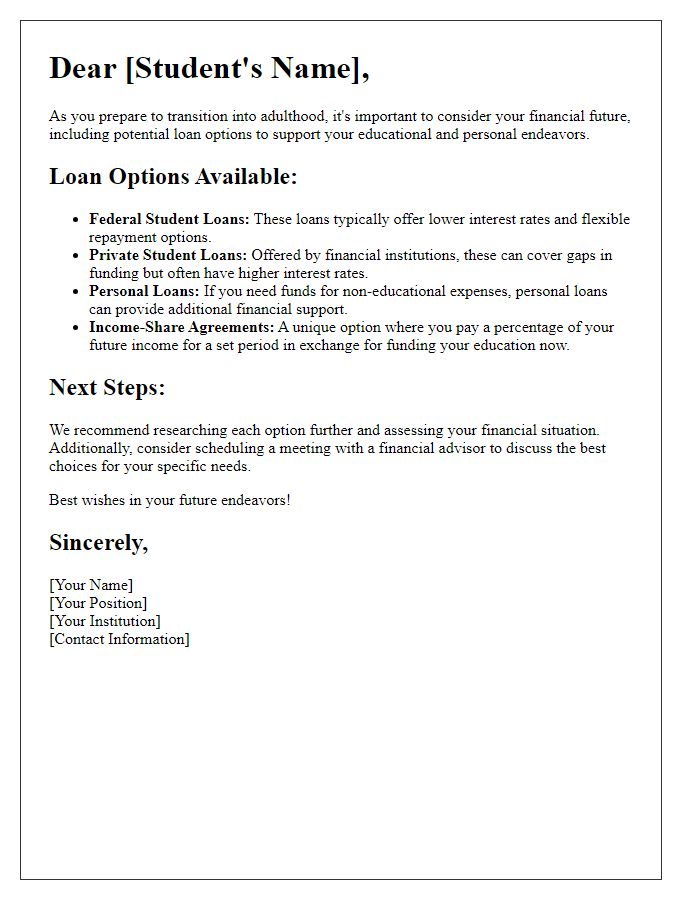 Letter template of loan options for students transitioning to adulthood