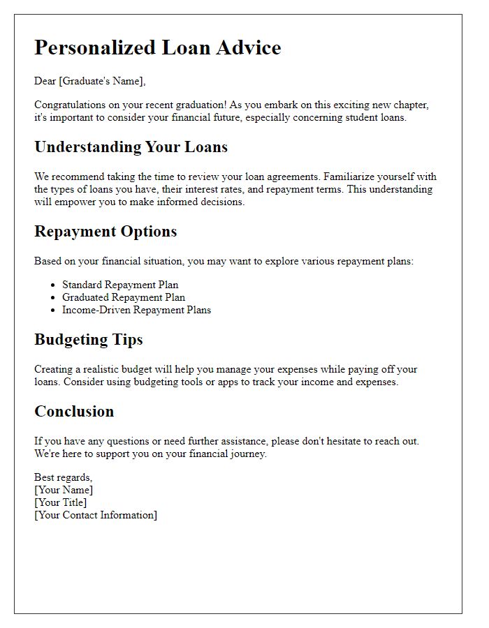 Letter template of personalized loan advice for recent graduates