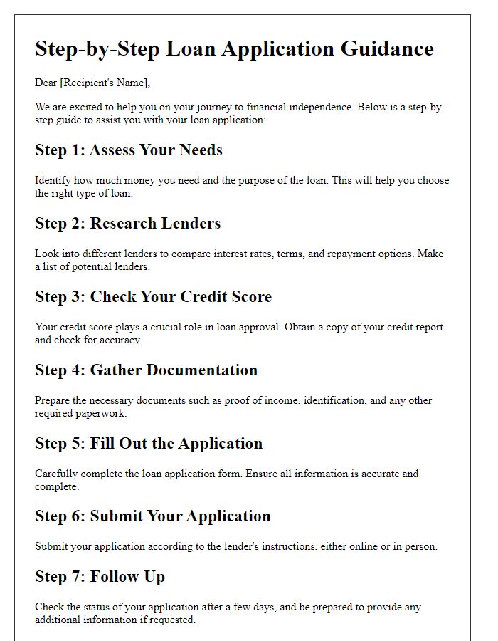 Letter template of step-by-step loan application guidance for young adults