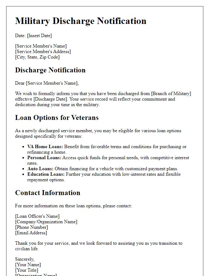 Letter template of military discharge and loan options