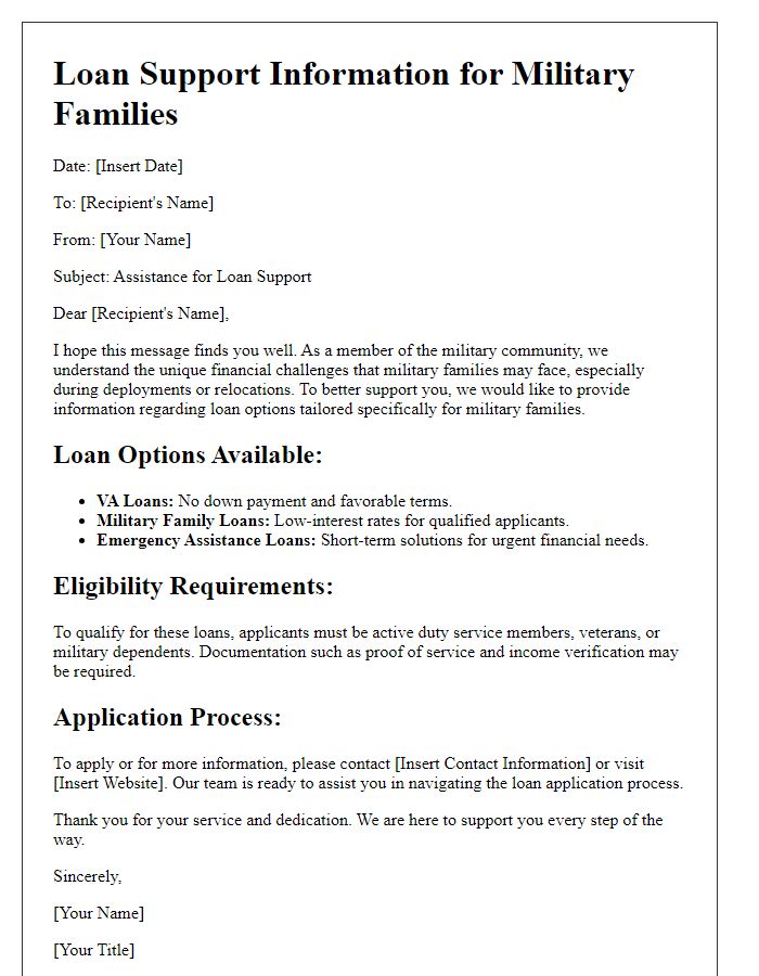 Letter template of military family loan support information