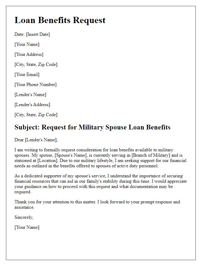 Letter template of military spouse loan benefits request