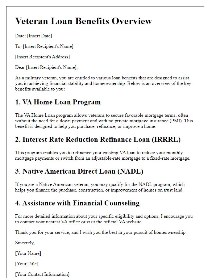 Letter template of military veteran loan benefits overview