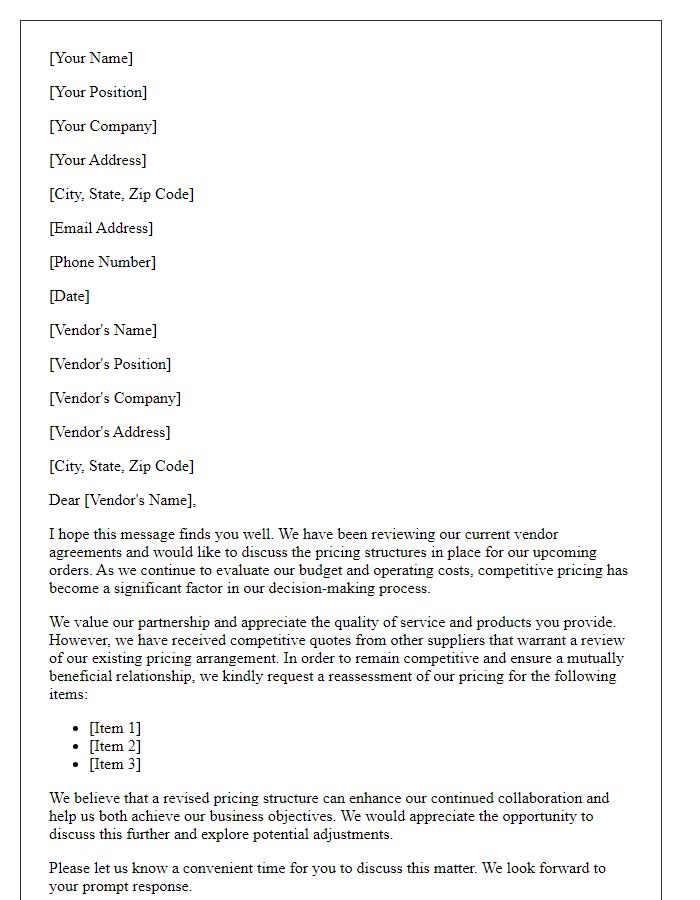 Letter template of vendor price negotiation for competitive pricing.