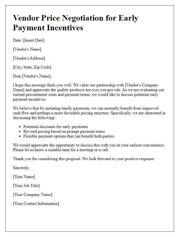 Letter template of vendor price negotiation for early payment incentives.