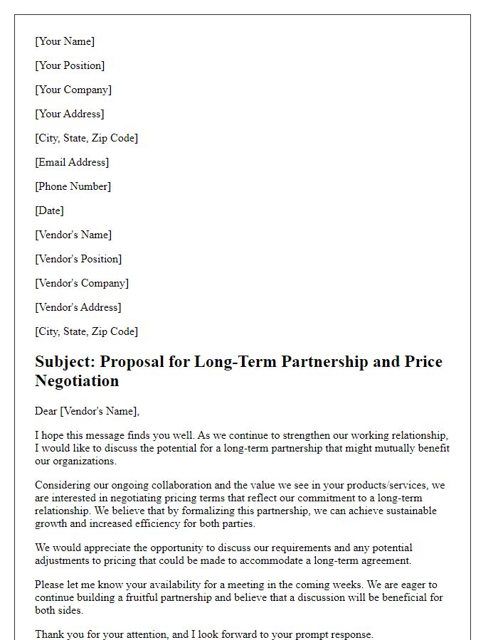 Letter template of vendor price negotiation for long-term partnership.