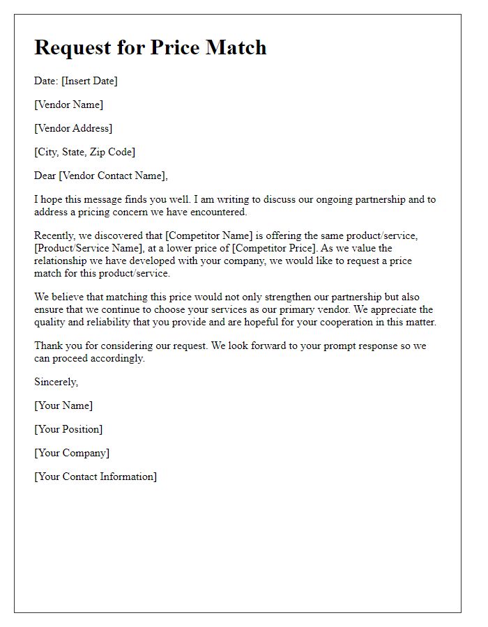 Letter template of vendor price negotiation for price match request.