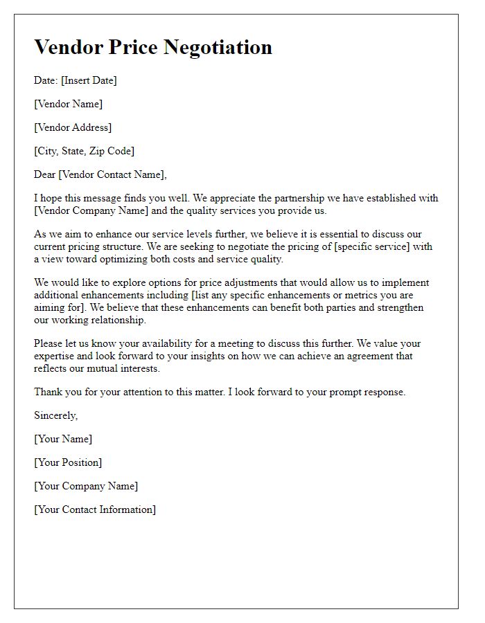 Letter template of vendor price negotiation for service level enhancements.