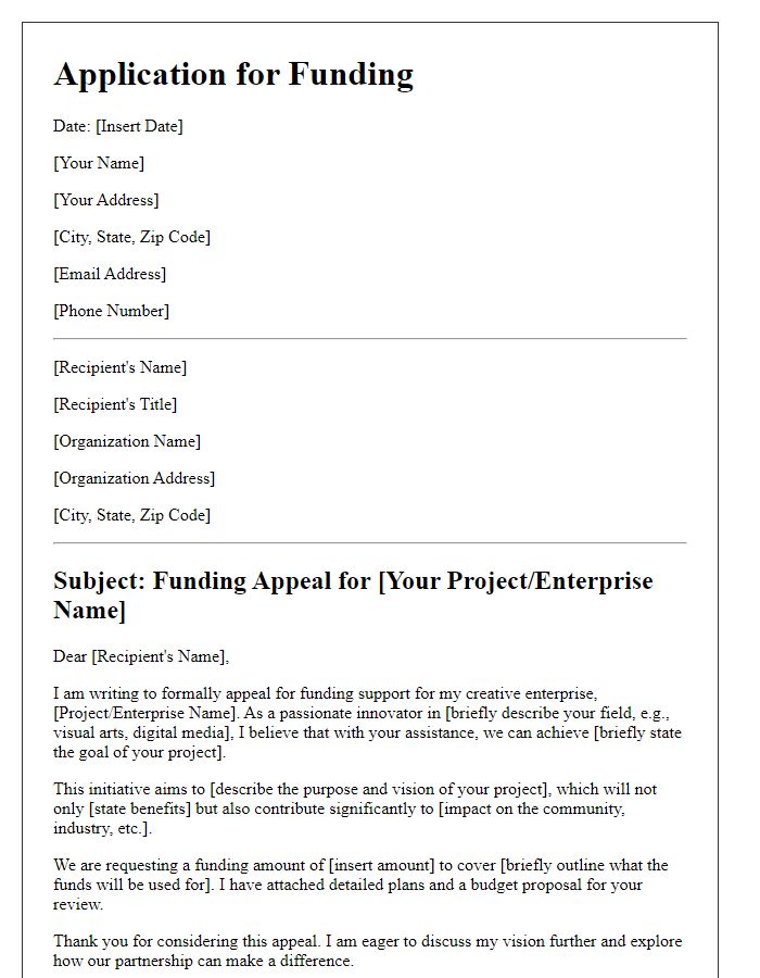 Letter template of appeal for creative enterprise funding.