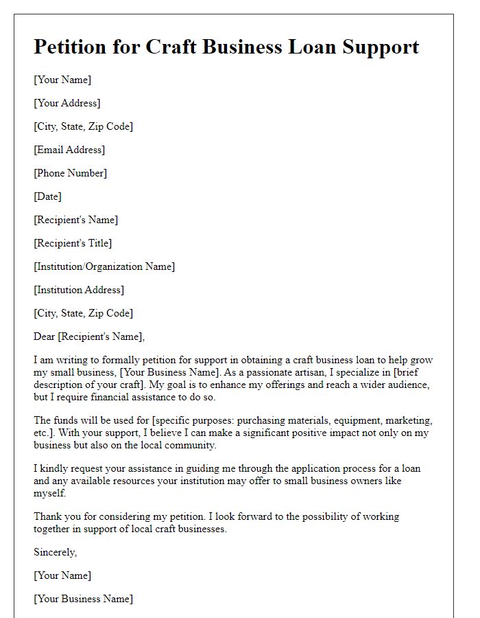 Letter template of petition for craft business loan support.