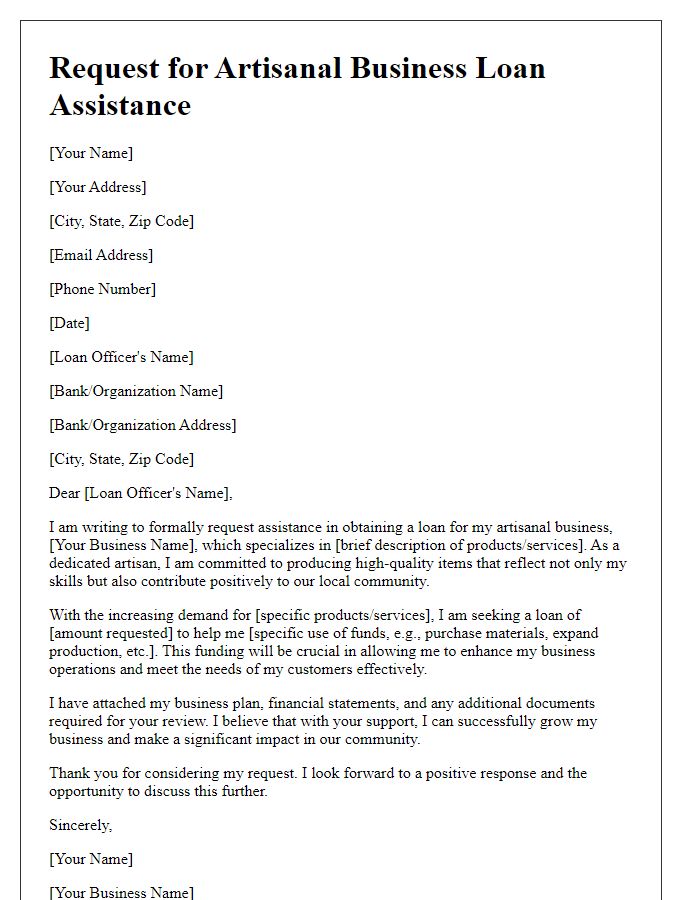 Letter template of request for artisanal business loan assistance.