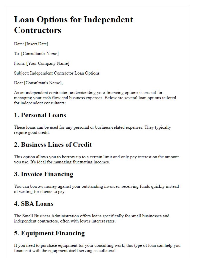 Letter template of independent contractor loan options for consultants