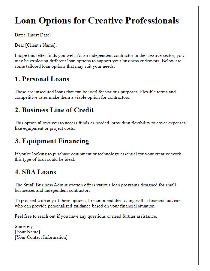 Letter template of independent contractor loan options for creative professionals