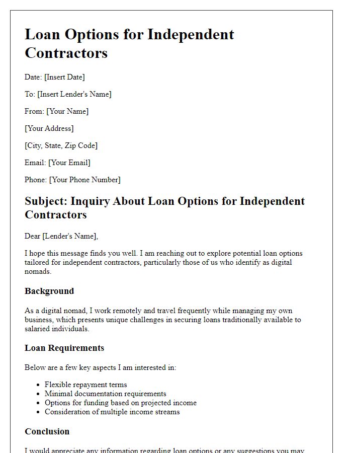 Letter template of independent contractor loan options for digital nomads