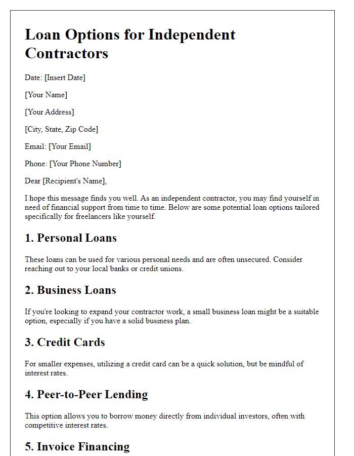 Letter template of independent contractor loan options for freelancers