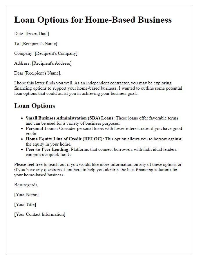 Letter template of independent contractor loan options for home-based businesses