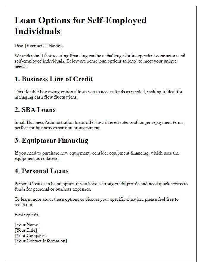 Letter template of independent contractor loan options for self-employed individuals