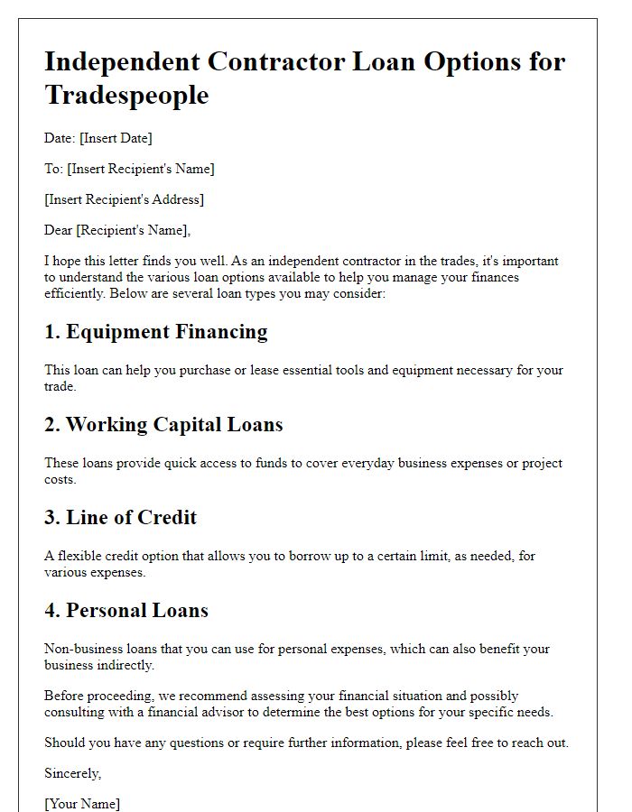 Letter template of independent contractor loan options for tradespeople