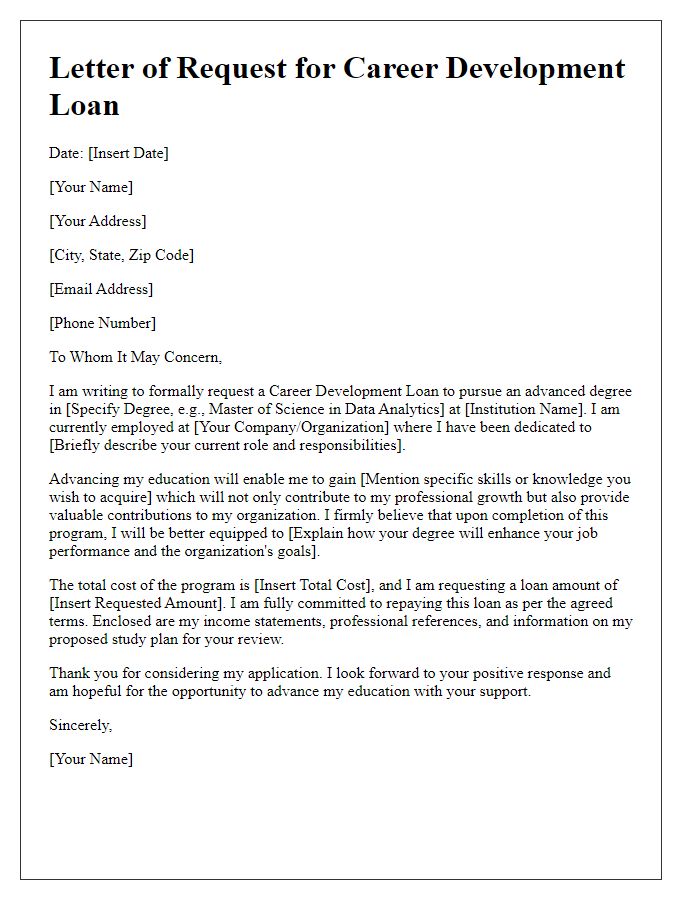 Letter template of career development loan request for advanced degree funding.