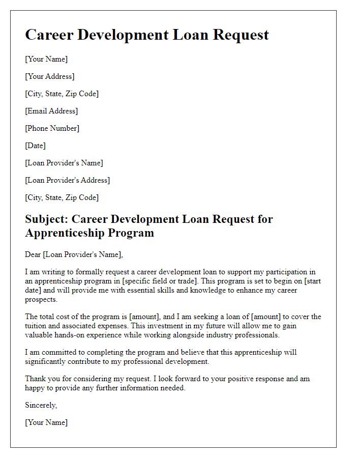 Letter template of career development loan request for apprenticeship program.