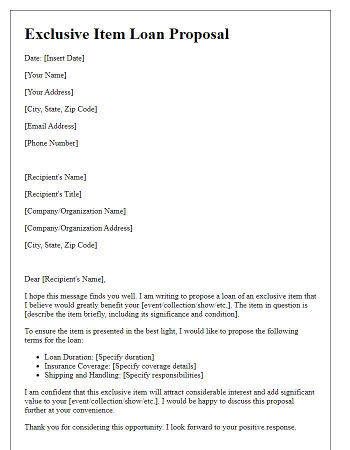 Letter template of exclusive item loan proposal