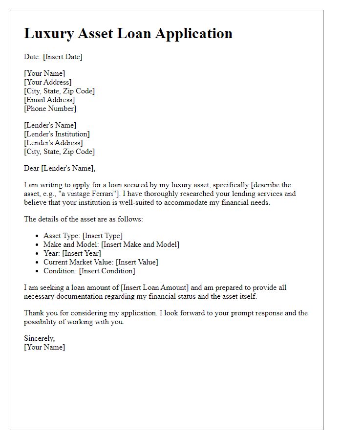 Letter template of luxury asset loan application