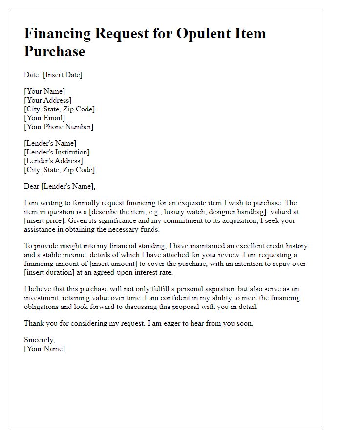 Letter template of opulent item purchase financing request