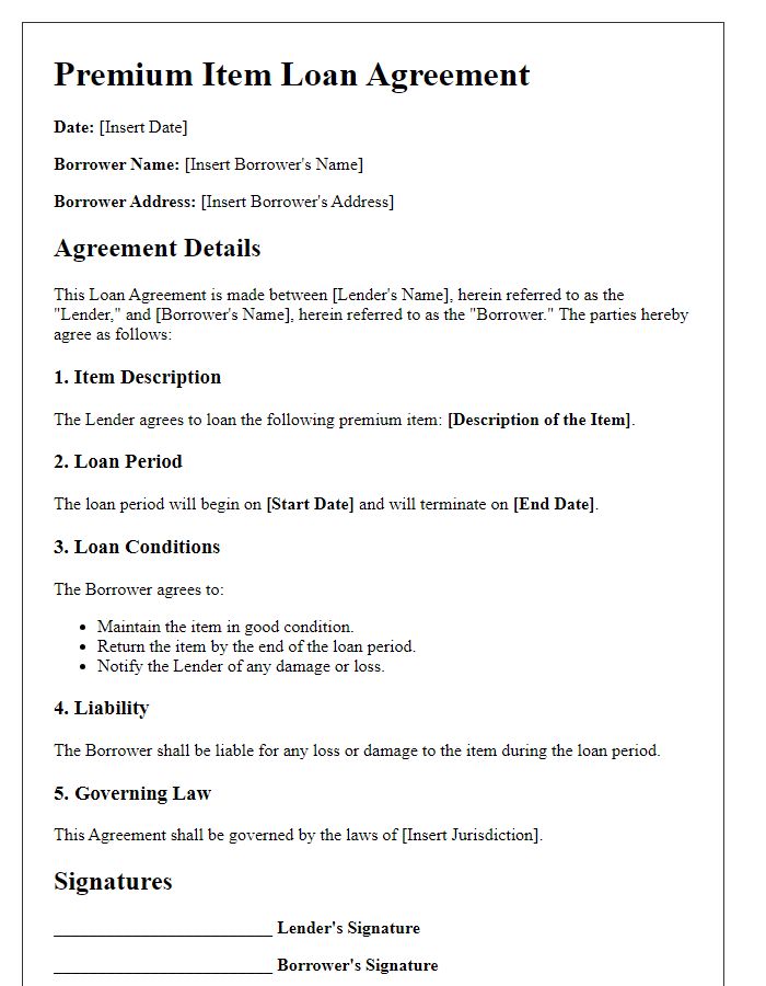 Letter template of premium item loan agreement