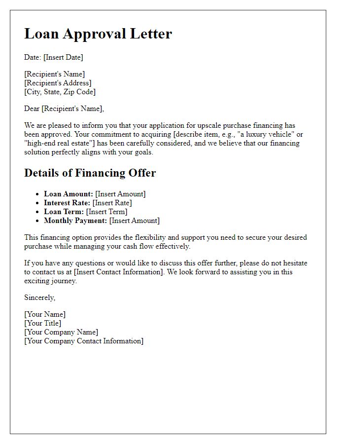 Letter template of upscale purchase financing