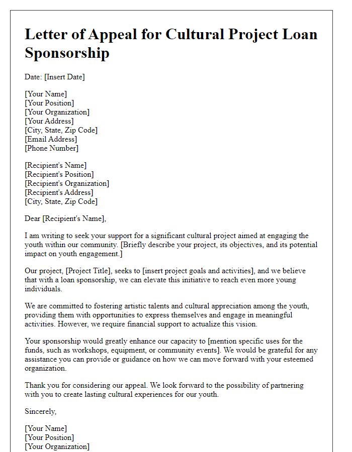 Letter template of appeal for cultural project loan sponsorship for youth engagement.