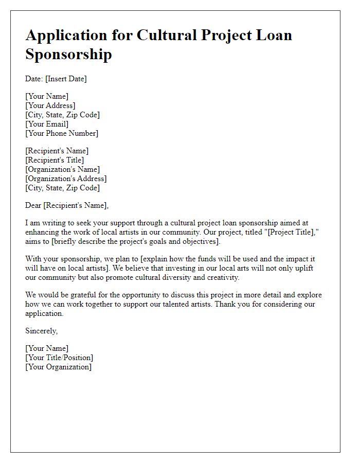 Letter template of application for cultural project loan sponsorship to support local artists.