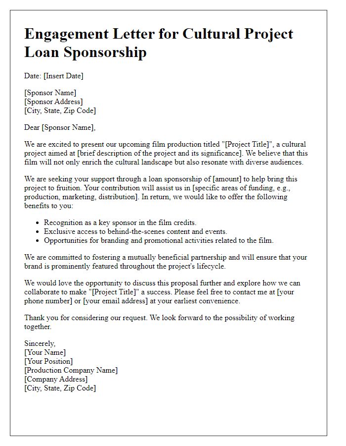 Letter template of engagement for cultural project loan sponsorship in film production.