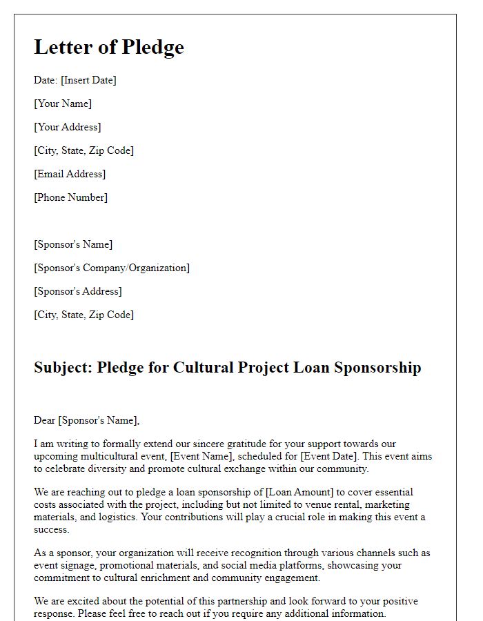 Letter template of pledge for cultural project loan sponsorship in multicultural events.