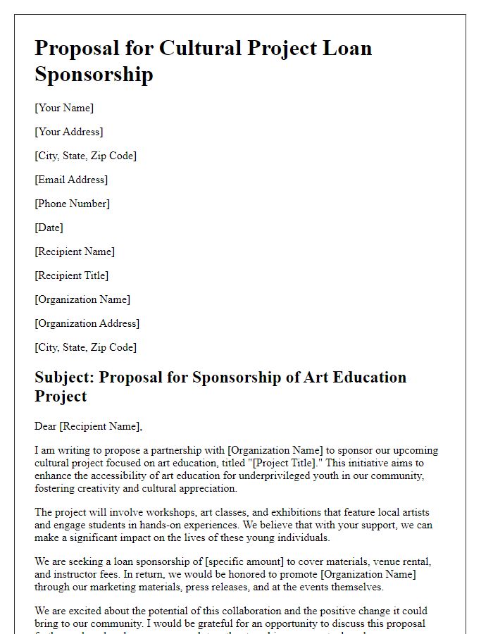 Letter template of proposal for cultural project loan sponsorship focusing on art education.