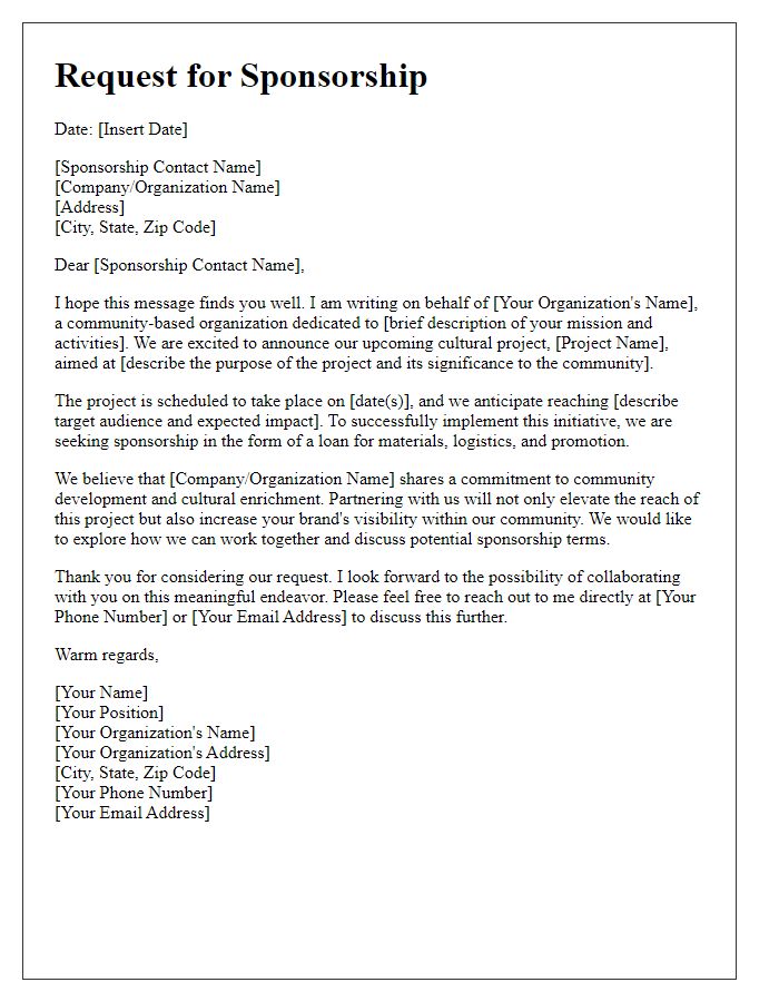 Letter template of request for cultural project loan sponsorship for community outreach.