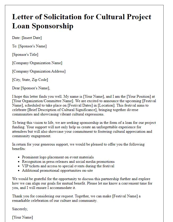 Letter template of solicitation for cultural project loan sponsorship for festival funding.