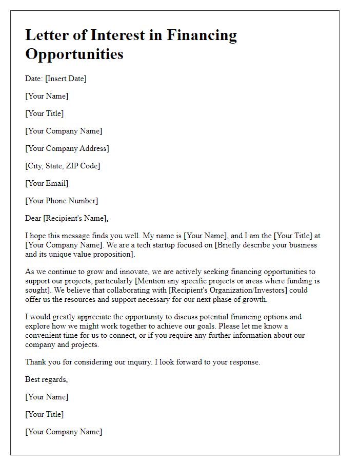 Letter template of interest in financing opportunities for tech entrepreneurs.