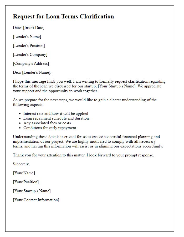 Letter template of request for loan terms clarification for tech startups.