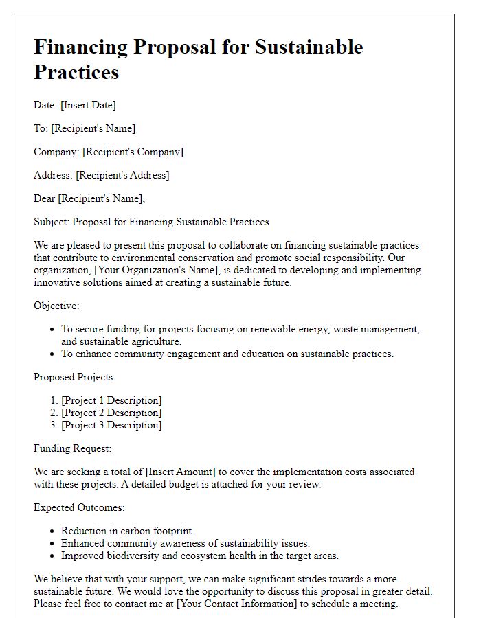 Letter template of sustainable practices financing proposal