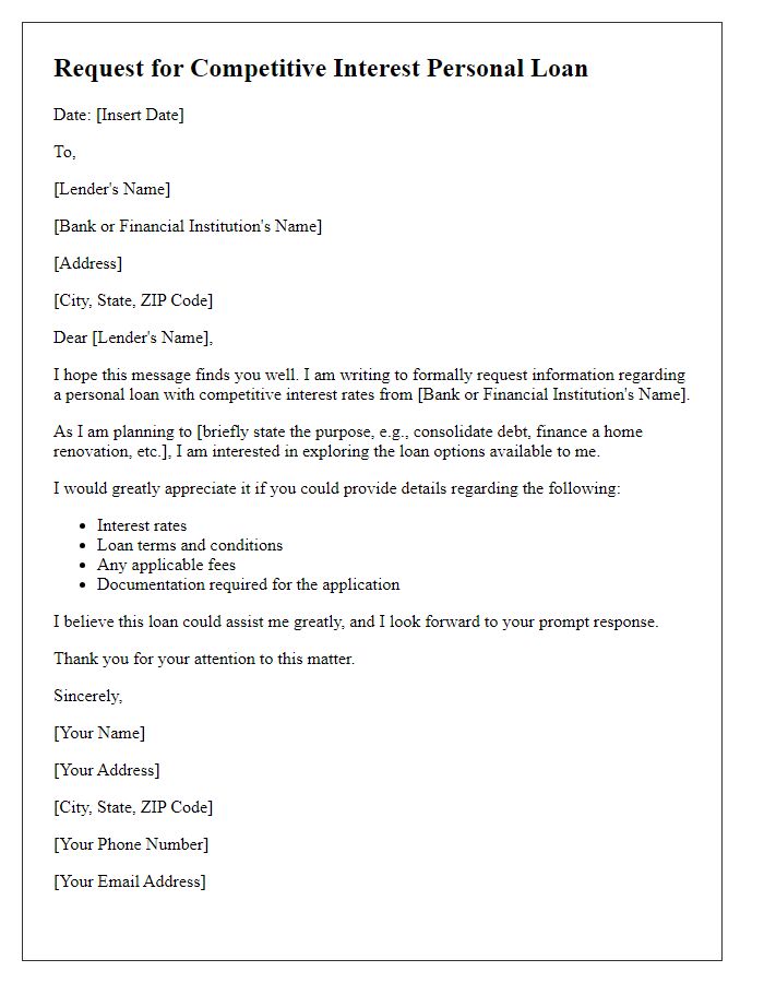 Letter template of request for competitive interest personal loan