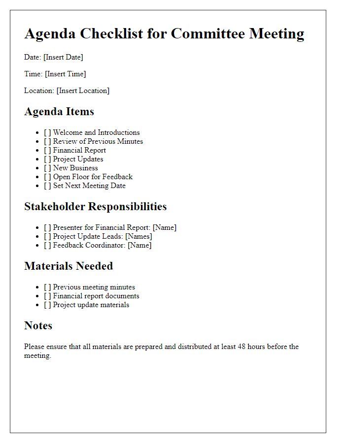 Letter template of agenda checklist for committee stakeholders