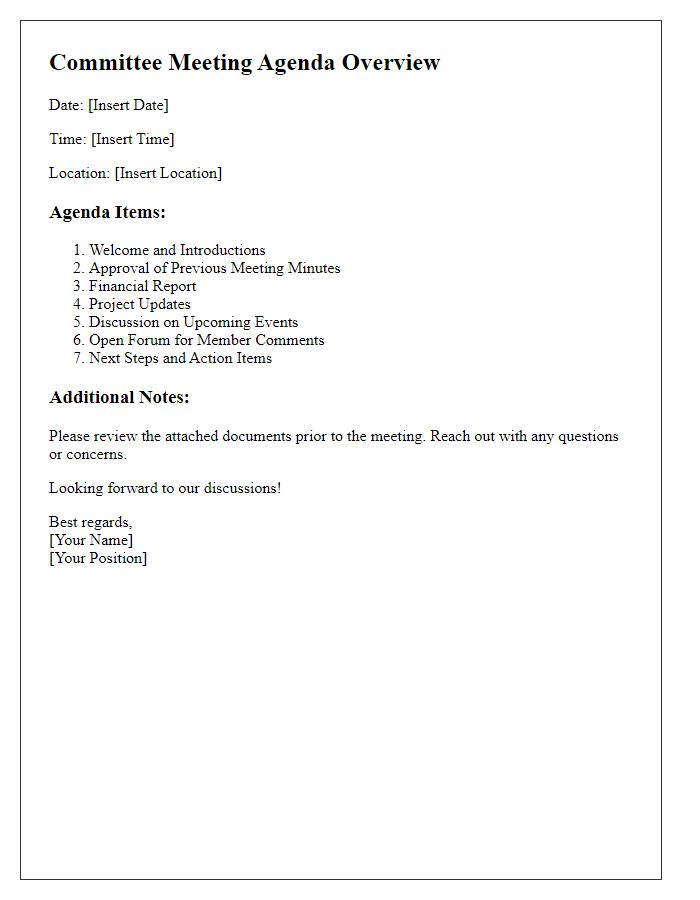 Letter template of agenda overview for upcoming committee meeting