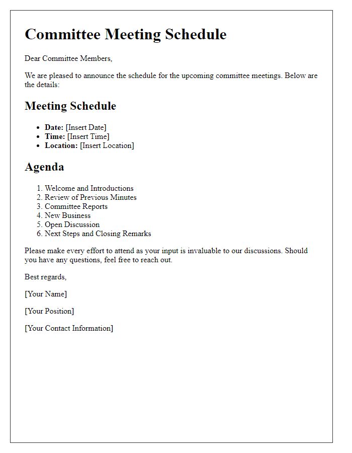 Letter template of committee meeting schedule outline