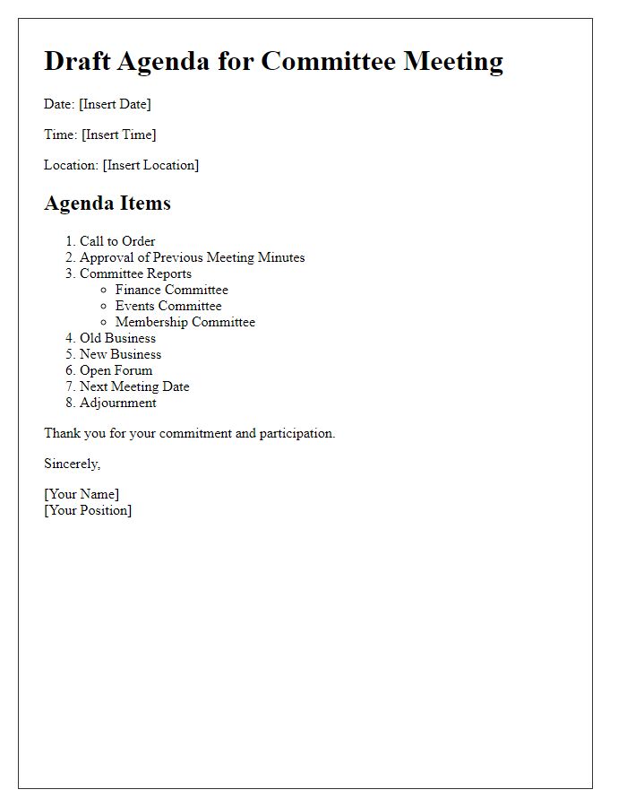 Letter template of draft agenda for committee gathering