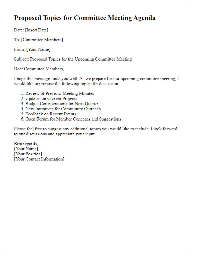 Letter template of proposed topics for committee meeting agenda