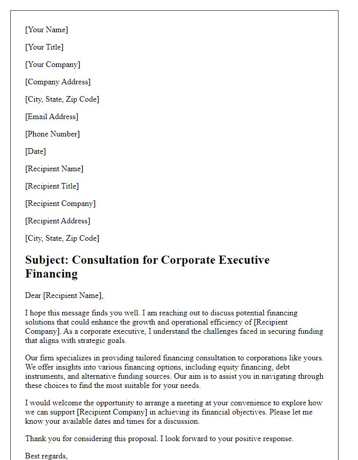 Letter template of corporate executive financing consultation.