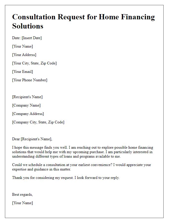 Letter template of consultation request for home financing solutions