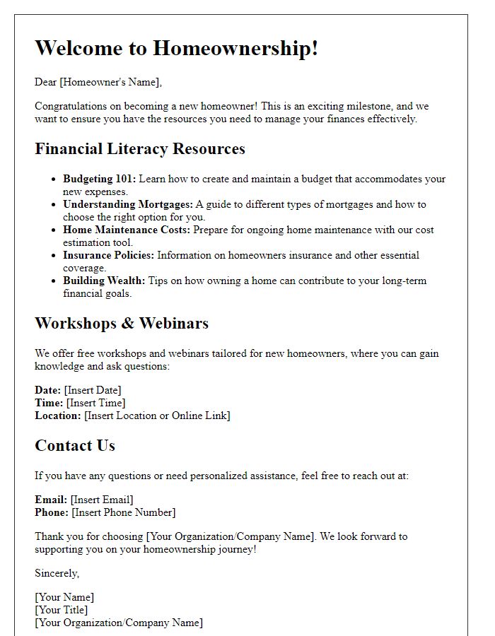 Letter template of financial literacy resources for new homeowners